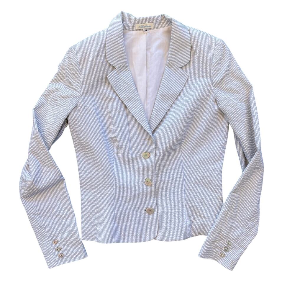 shoshanna searsucker blue white blazer women's size 4 darling seashell buttons